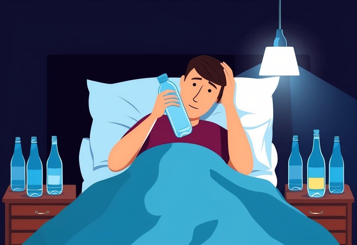 A person lying in bed with a water bottle and a headache, surrounded by empty bottles and a dark room