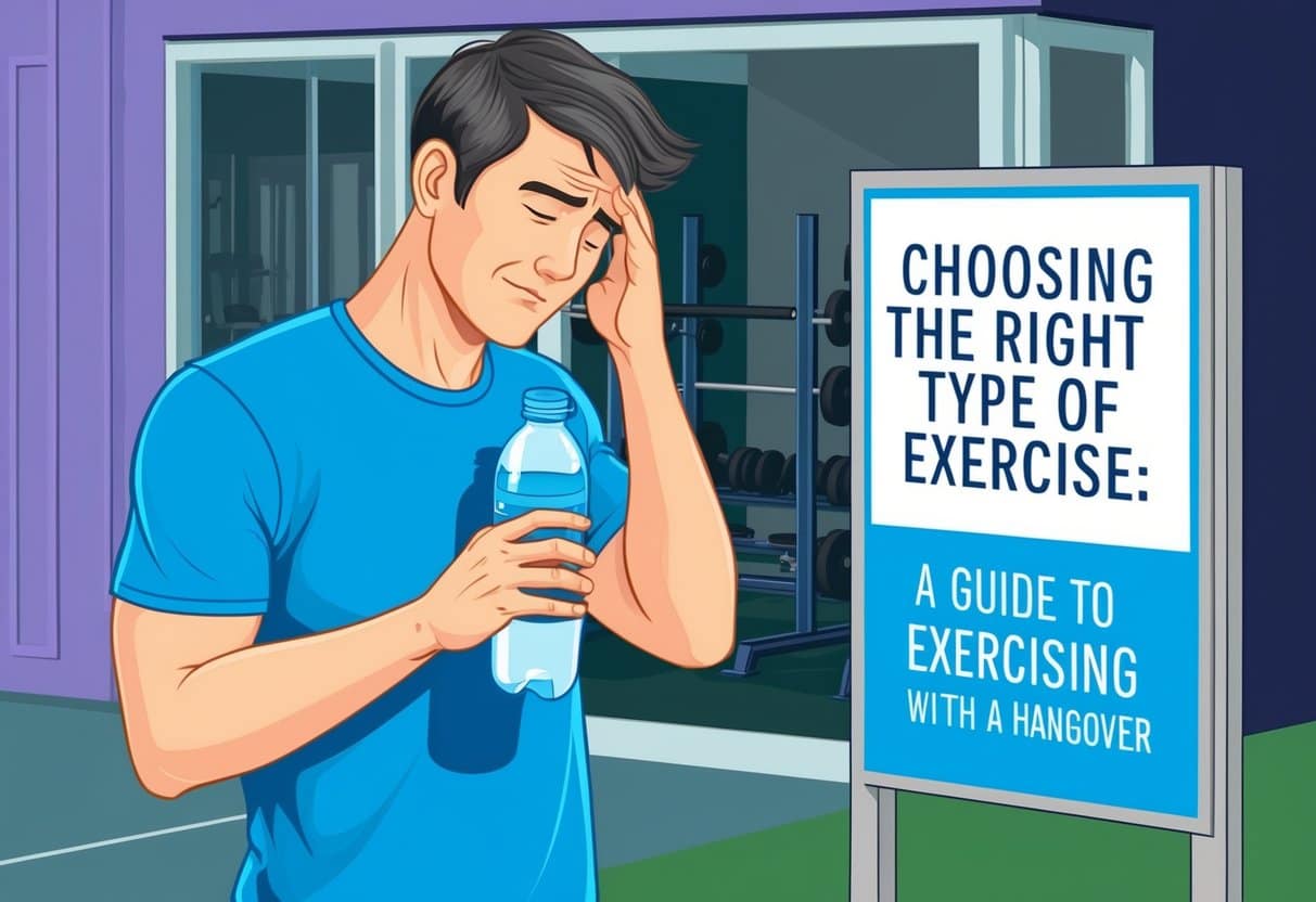 A person holding a water bottle and standing in front of a gym, with a headache and a tired expression, while looking at a sign that says "Choosing the Right Type of Exercise: A Guide to Exercising With a Hangover"