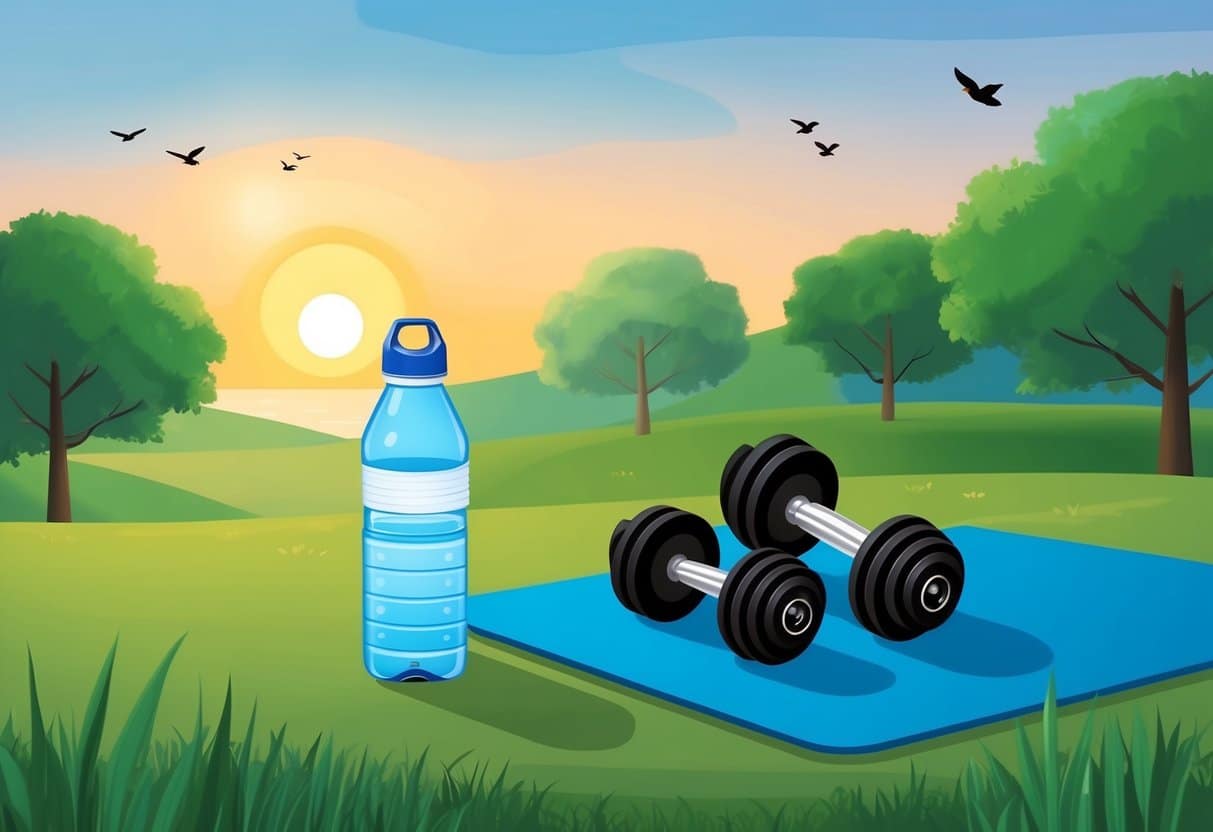 A serene morning landscape with a water bottle, exercise mat, and light weights set up outdoors. Sunrise colors the sky as birds chirp in the distance
