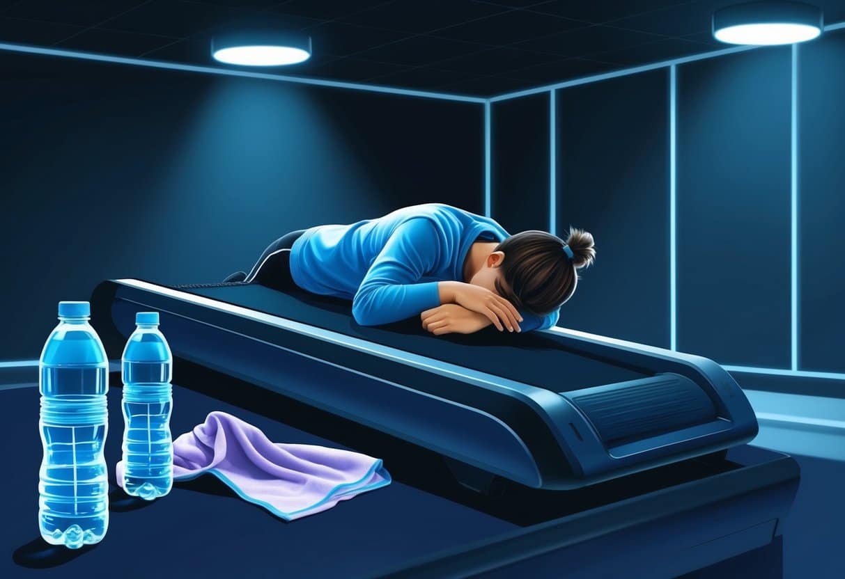 A dimly lit gym with empty water bottles and a discarded towel. A person slumps over a treadmill, head resting on their arms