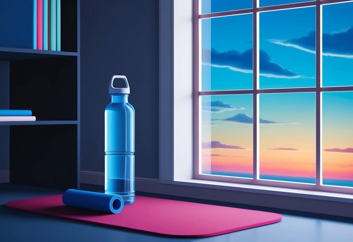 A dimly lit room with a water bottle, exercise mat, and a window showing the early morning sky