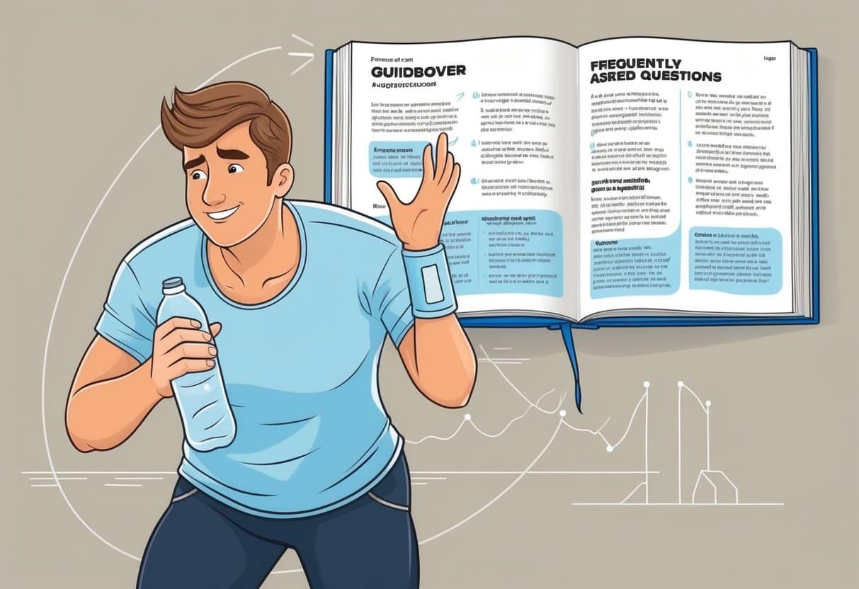 A person exercising with a hangover, looking tired and holding a water bottle, with a guidebook open to "Frequently Asked Questions."