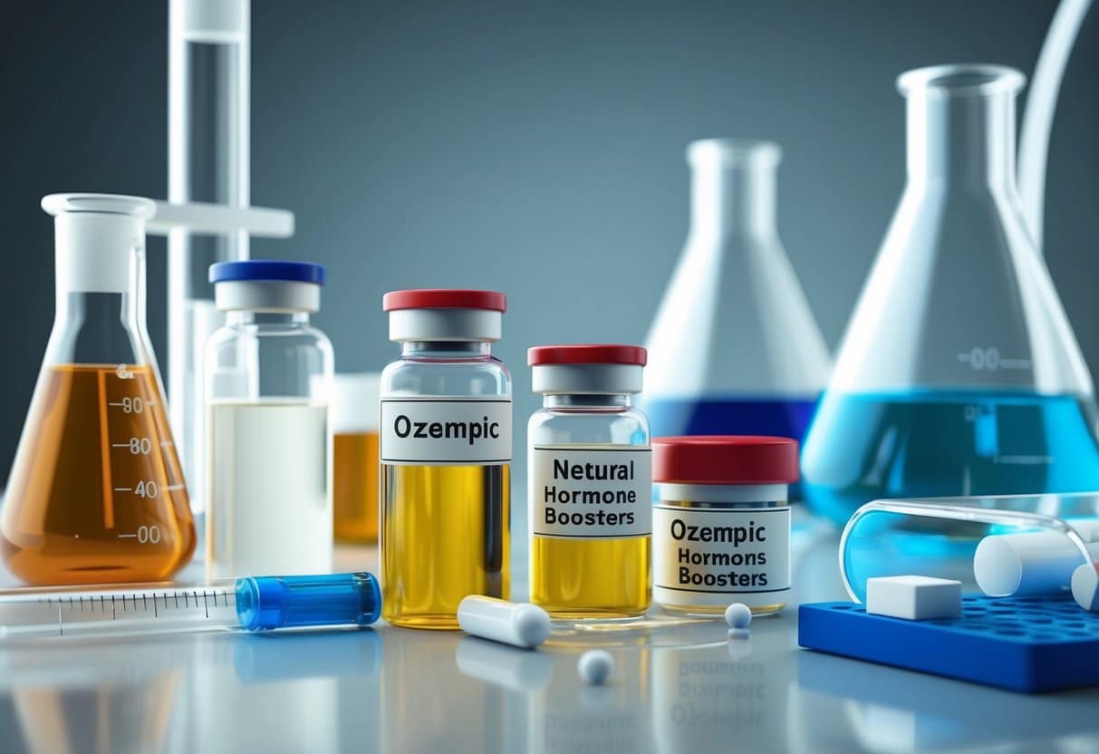 A laboratory setting with vials of Ozempic and natural hormone boosters, alongside scientific equipment and research materials