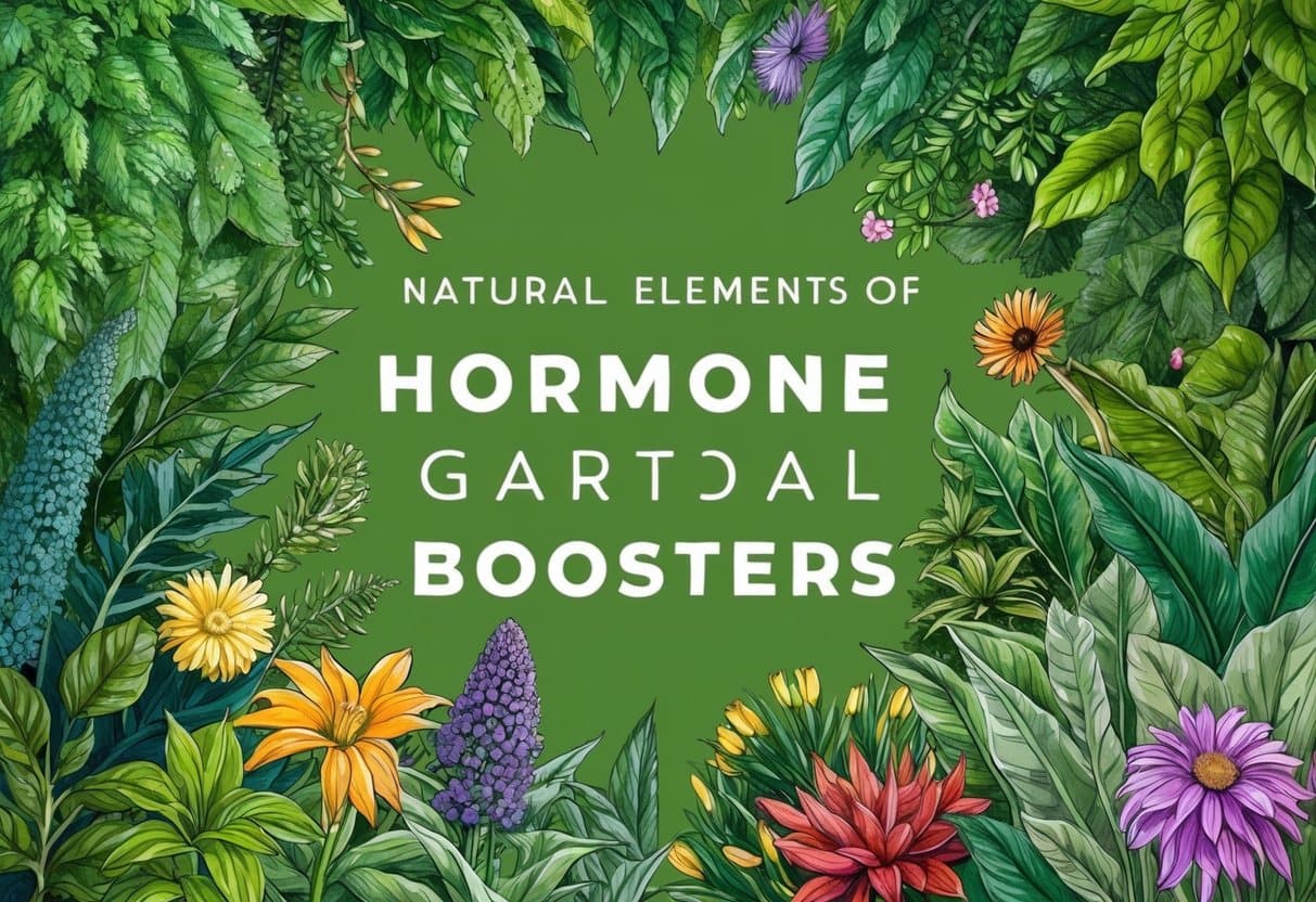 A vibrant, green and leafy botanical garden with various plants and flowers, showcasing the natural elements of hormone boosters