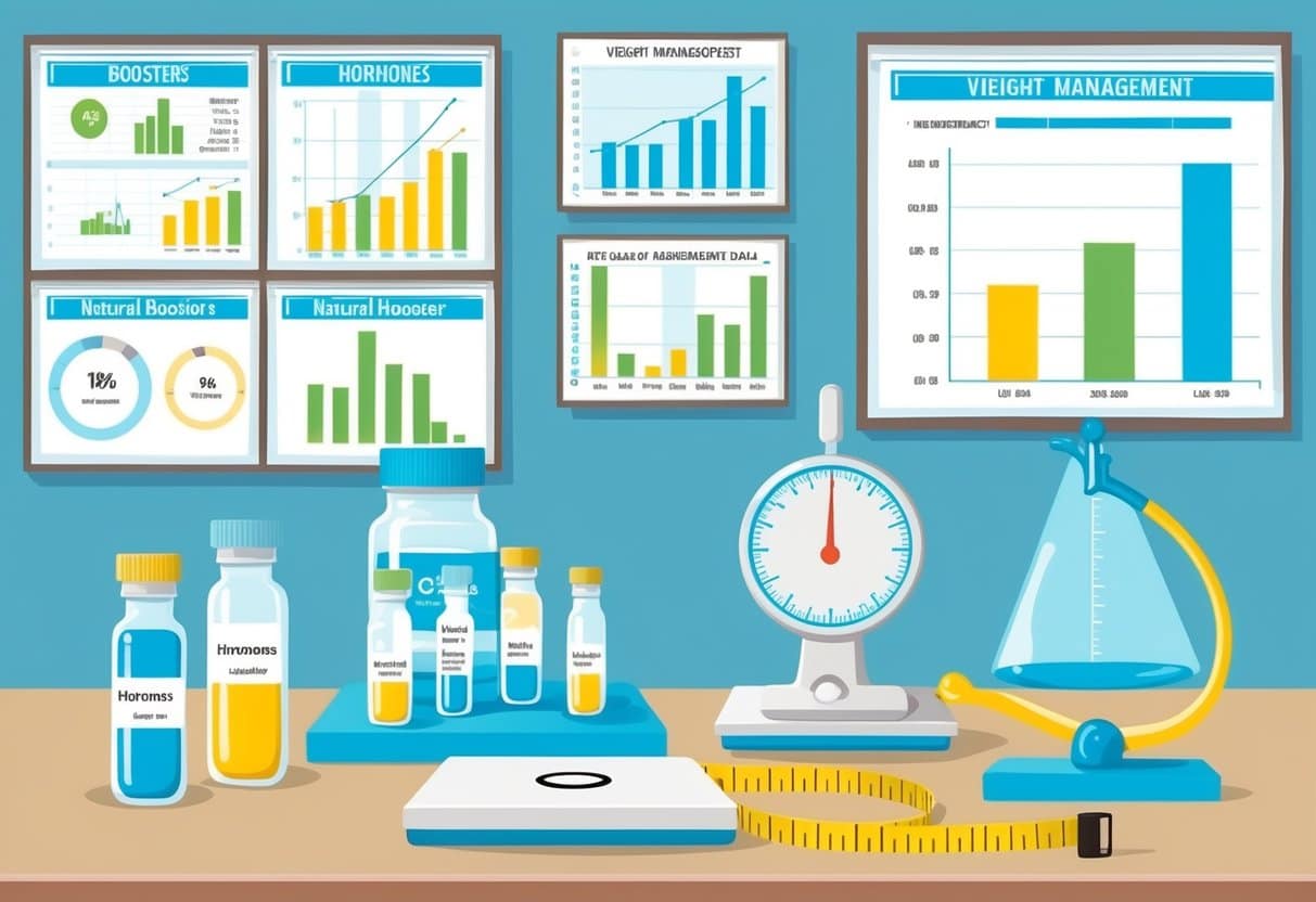 A laboratory setting with vials of hormones and natural boosters, alongside a scale and measuring tape. Charts and graphs displaying weight management data cover the walls