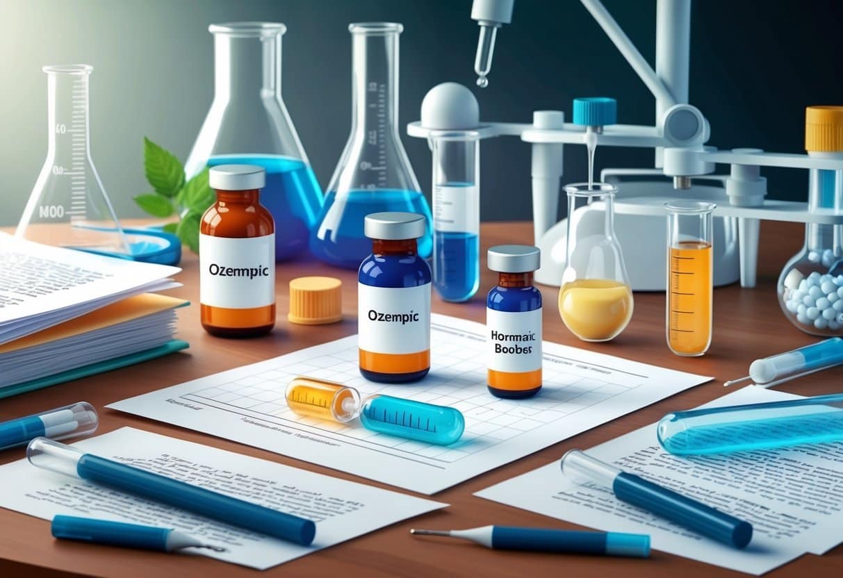 A laboratory table with vials of Ozempic and natural hormone boosters, surrounded by scientific equipment and research papers