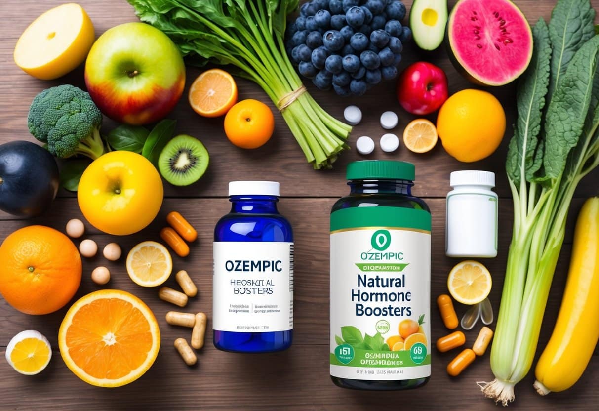 A table with a variety of colorful fruits, vegetables, and supplements arranged neatly next to a bottle of Ozempic and natural hormone boosters