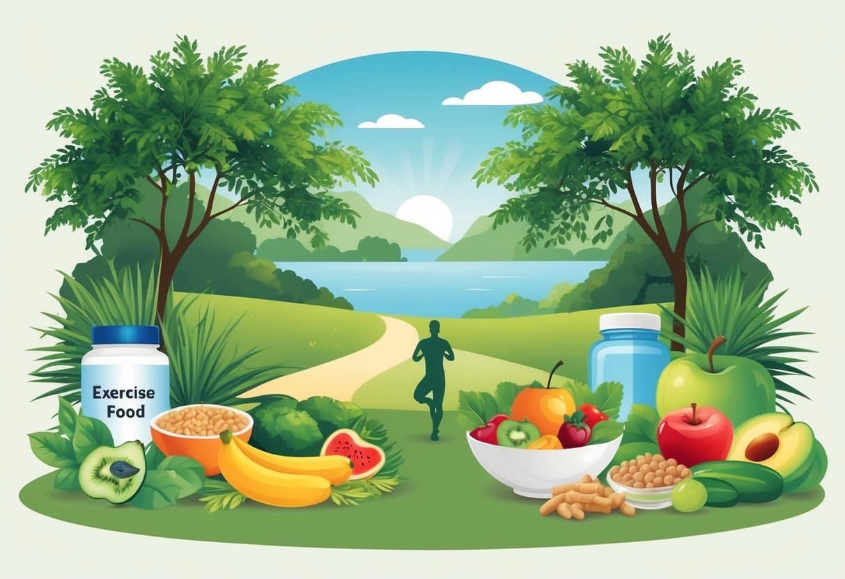 A serene, natural setting with a variety of healthy lifestyle elements such as exercise, nutritious food, and natural supplements