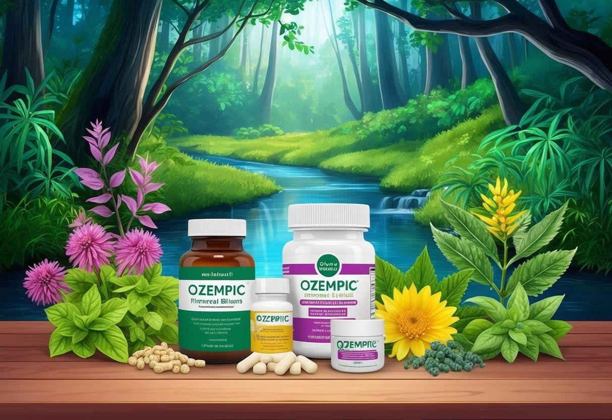 A serene forest with a clear stream, surrounded by vibrant plants and natural remedies. A bottle of Ozempic and various hormone-boosting supplements are displayed on a wooden table