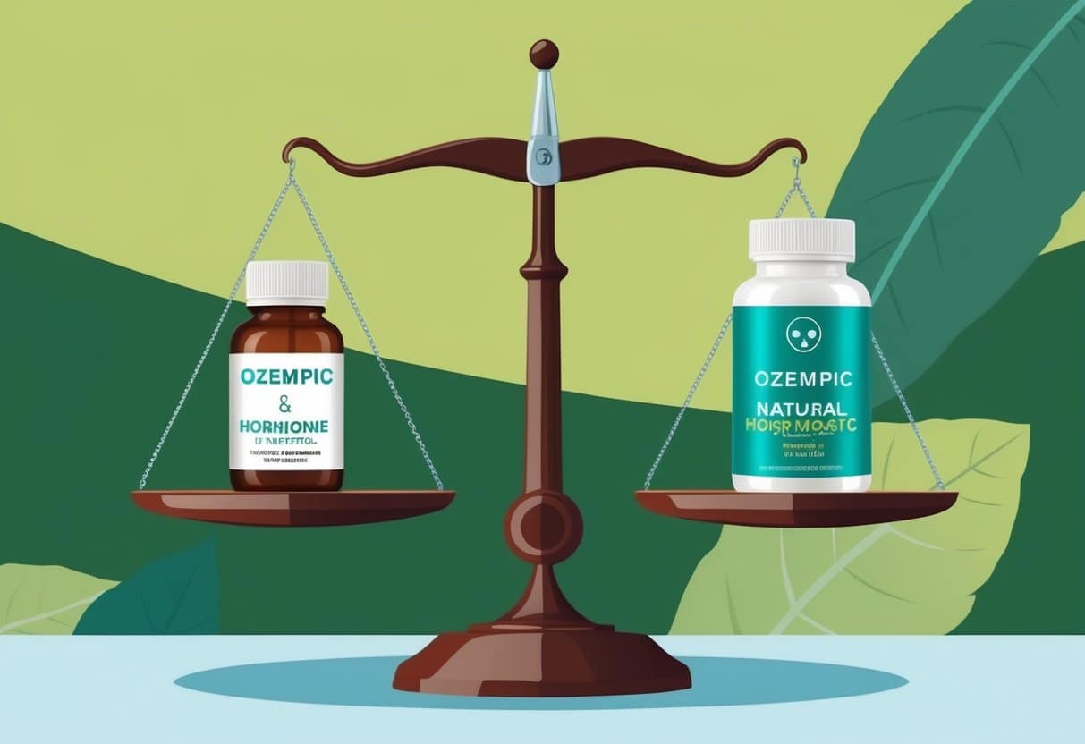A scale balancing a bottle of Ozempic and natural hormone boosters