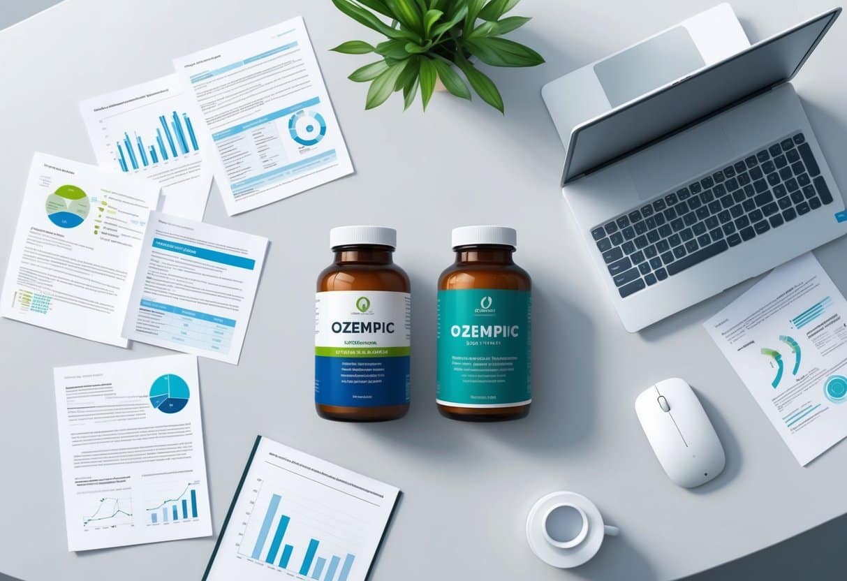A bottle of Ozempic and natural hormone boosters side by side on a clean, modern table, surrounded by scientific research papers and a computer