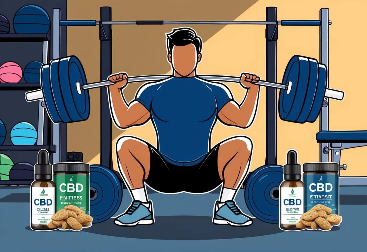 A person lifting weights in a gym, surrounded by fitness equipment and CBD products