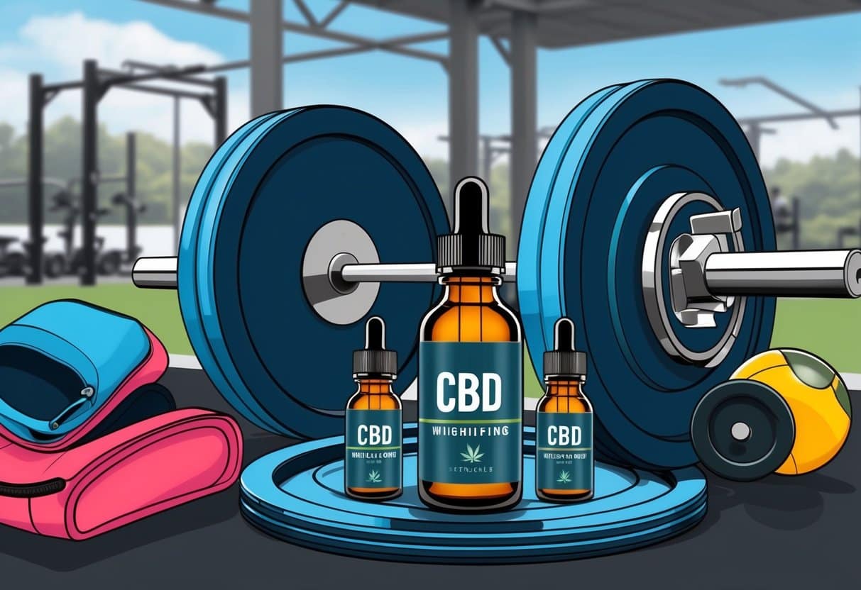 A weightlifting barbell surrounded by CBD oil bottles and athletic gear, with a backdrop of a gym or outdoor training area