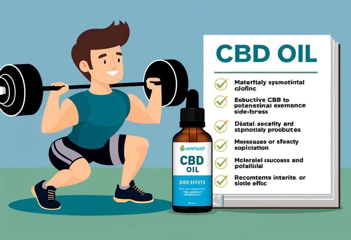 A person lifting weights with a bottle of CBD oil and a list of potential side effects in the background