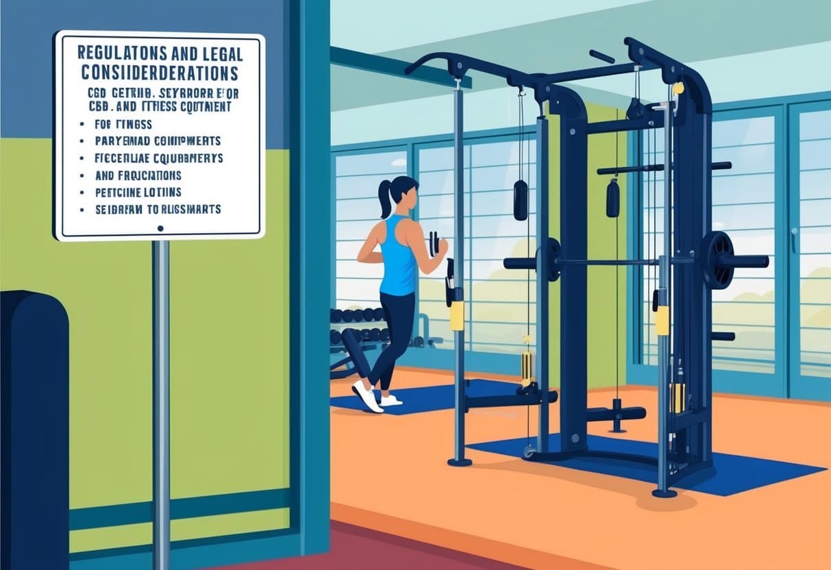 A gym with a sign listing regulations and legal considerations for CBD. Fitness equipment and a person exercising in the background