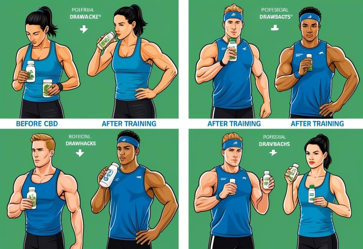 A group of athletes consume CBD in various forms before and after training, showcasing the benefits and potential drawbacks of using CBD in fitness