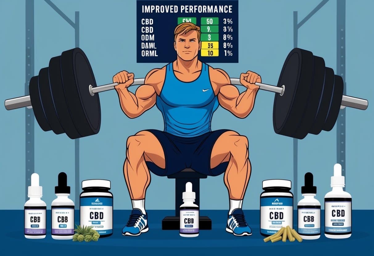 A professional athlete lifting weights in a gym, surrounded by various CBD products and supplements. A scoreboard in the background shows improved performance metrics
