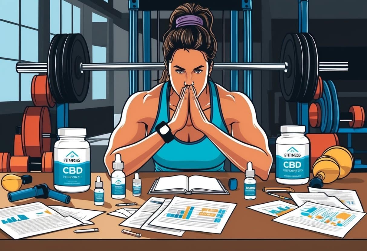 A fitness enthusiast surrounded by workout equipment, with CBD products and research papers scattered on a table