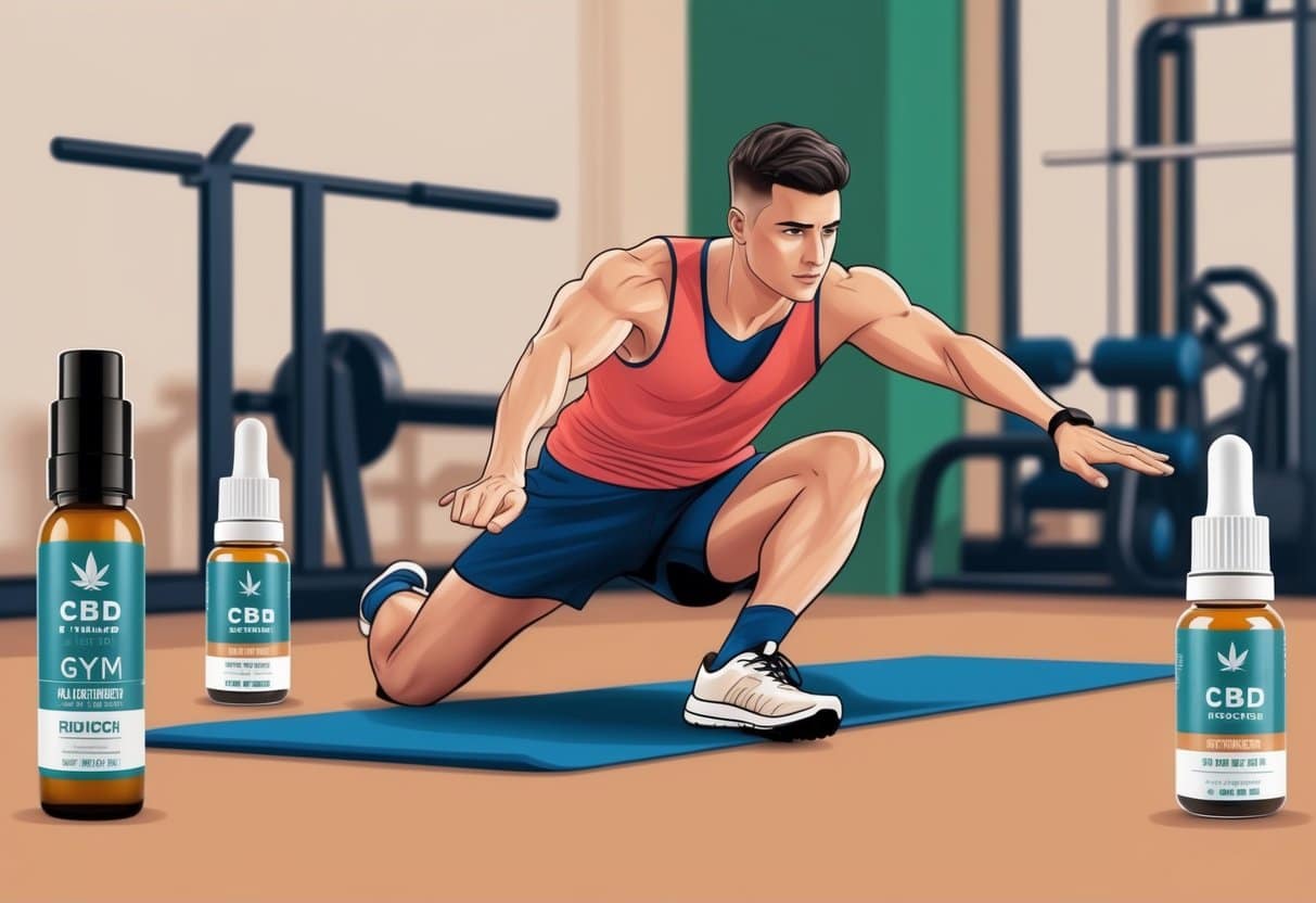 A runner stretching in a gym, with CBD products and exercise equipment in the background