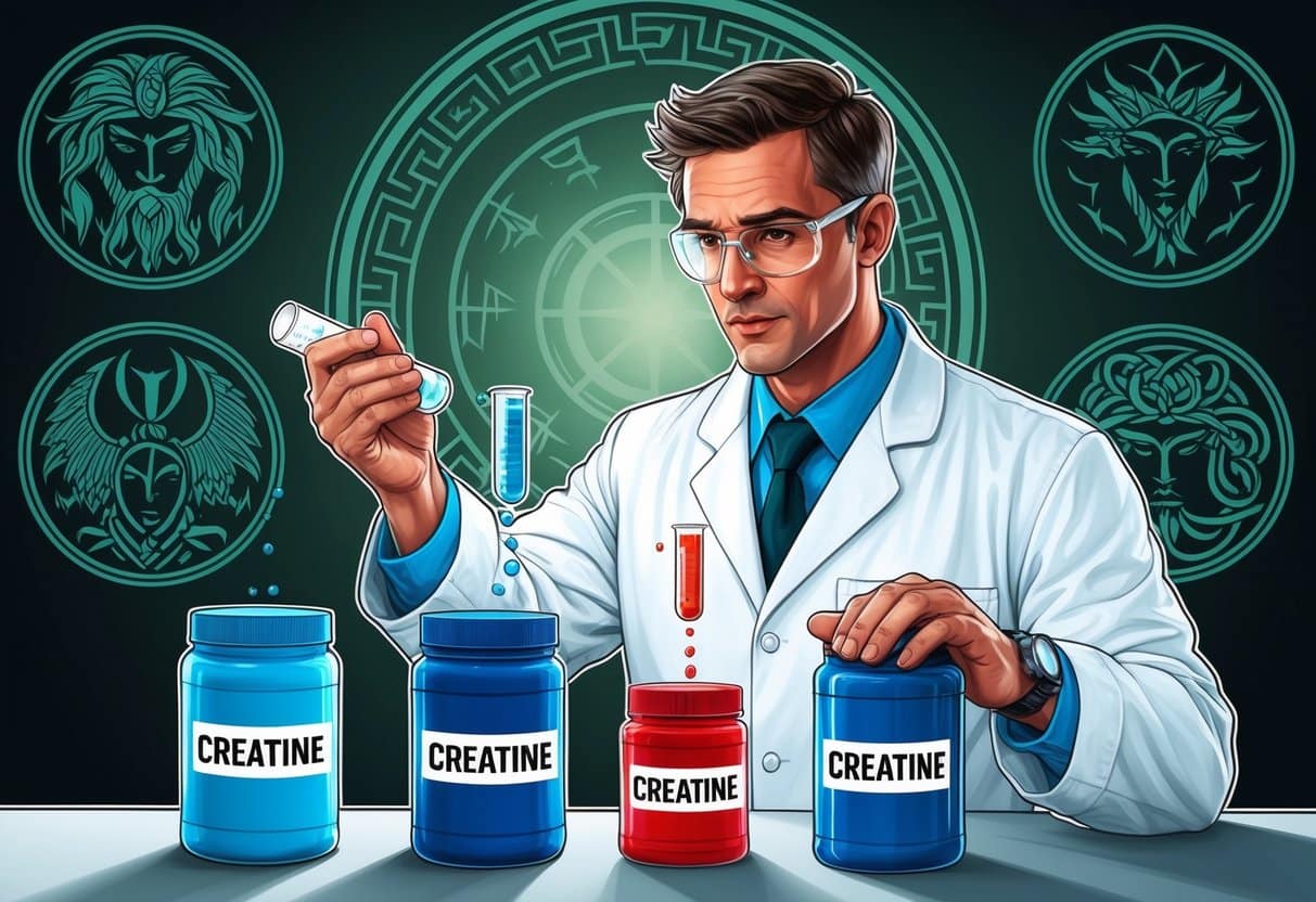 A scientist conducting experiments on containers of creatine with various myth-related symbols in the background