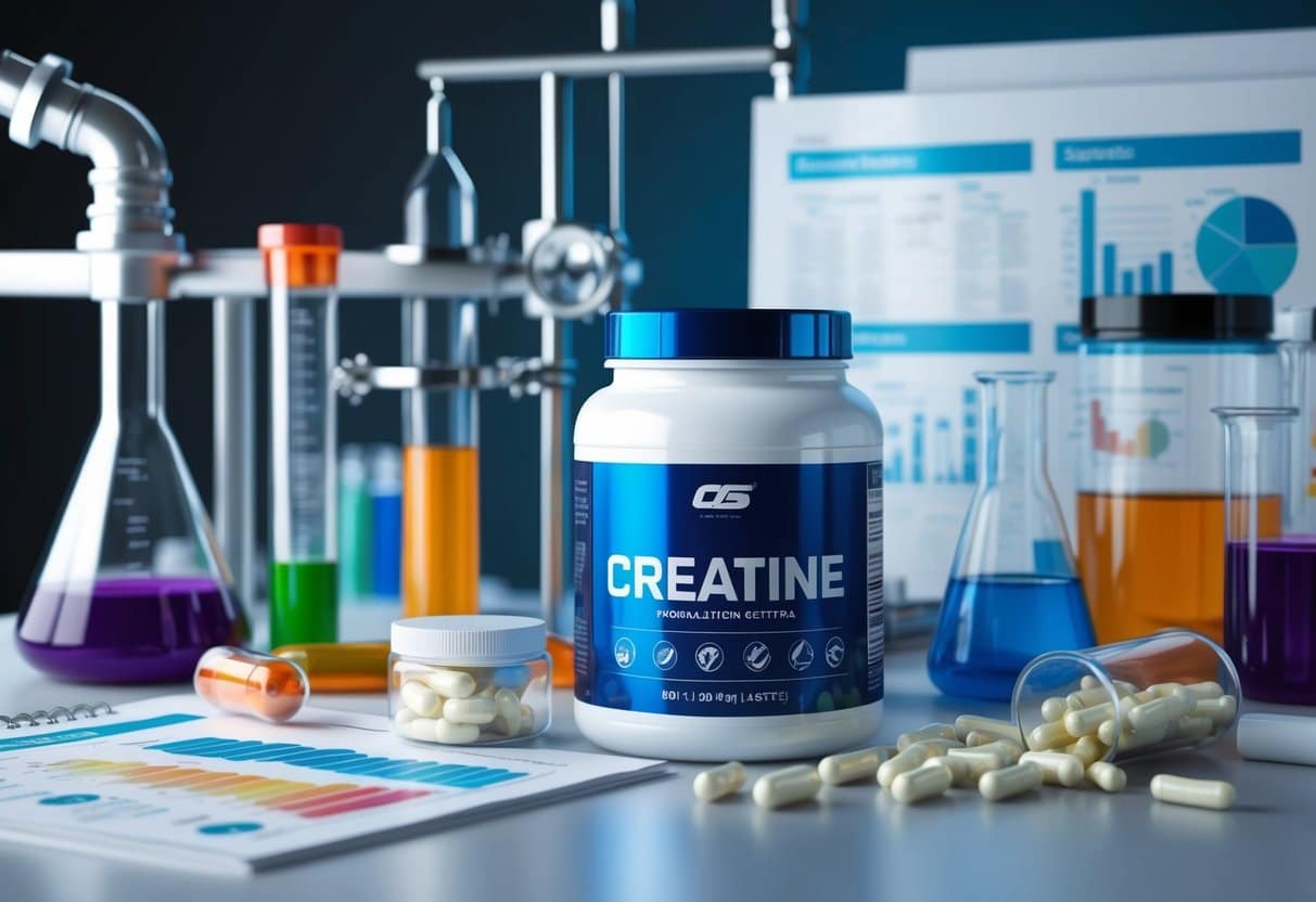 A laboratory setting with various supplements and scientific equipment, with a focus on a container of creatine surrounded by informational charts and studies