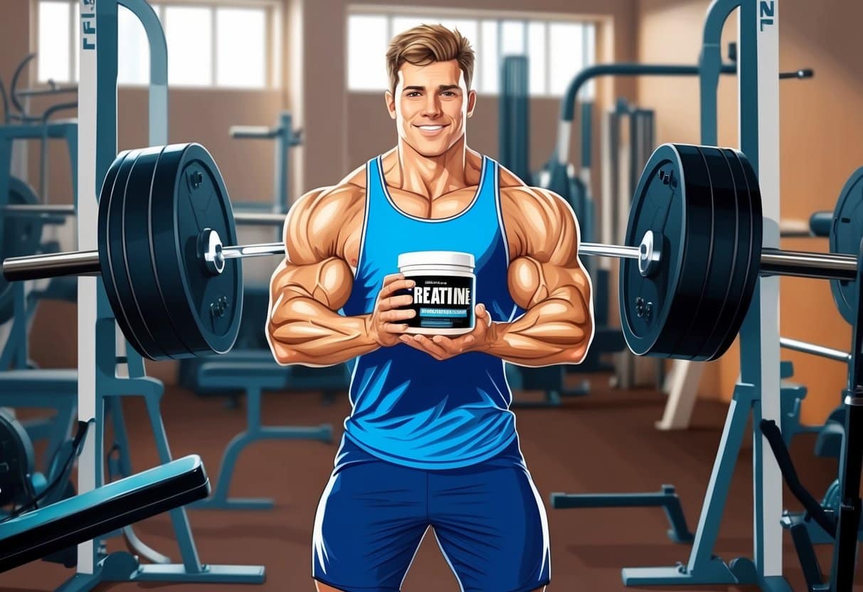 A weightlifter in a gym, holding a container of creatine powder while surrounded by exercise equipment