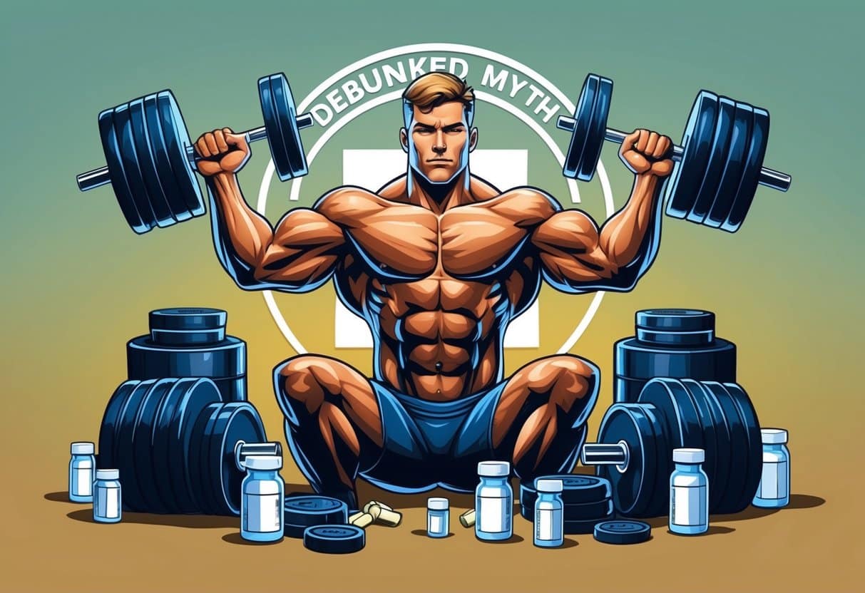A muscular figure surrounded by weights and supplements, with a debunked myth symbol in the background