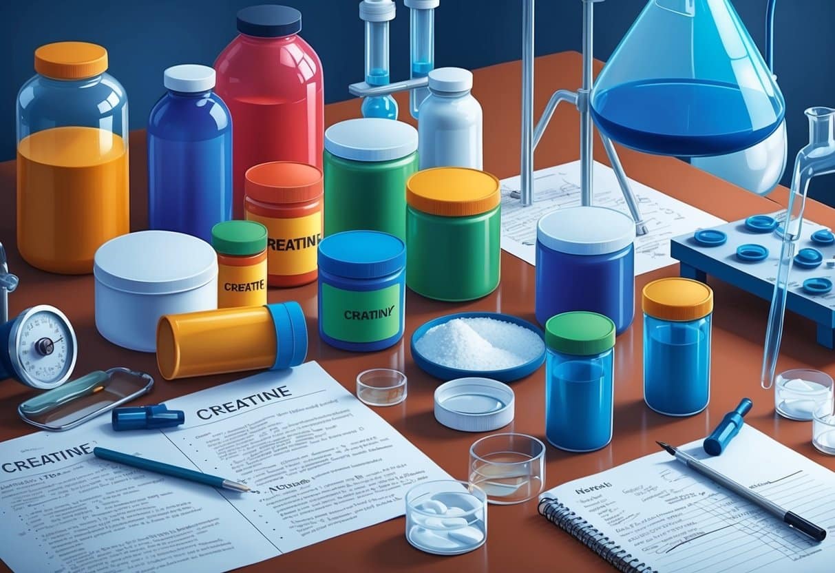 A laboratory table with various containers of creatine, scientific equipment, and research notes scattered around