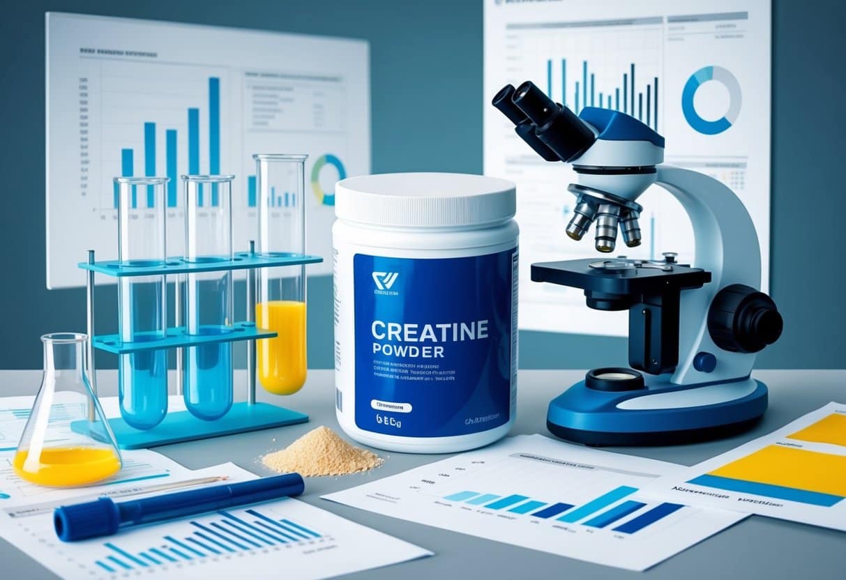 A laboratory setting with test tubes, scientific equipment, and a microscope. A container of creatine powder is prominently displayed, surrounded by research papers and data charts