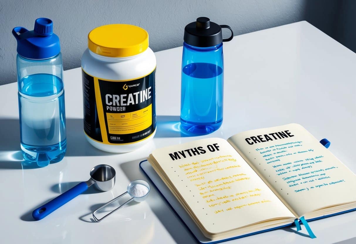 A jar of creatine powder sits next to a water bottle and a scoop on a clean, white counter. A notebook with "Myths of Creatine" written on the cover is open to a page filled with notes