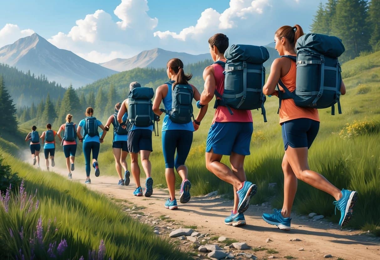 A group of people rucking through a scenic outdoor trail, carrying weighted backpacks and sweating as they push themselves to achieve their fitness goals