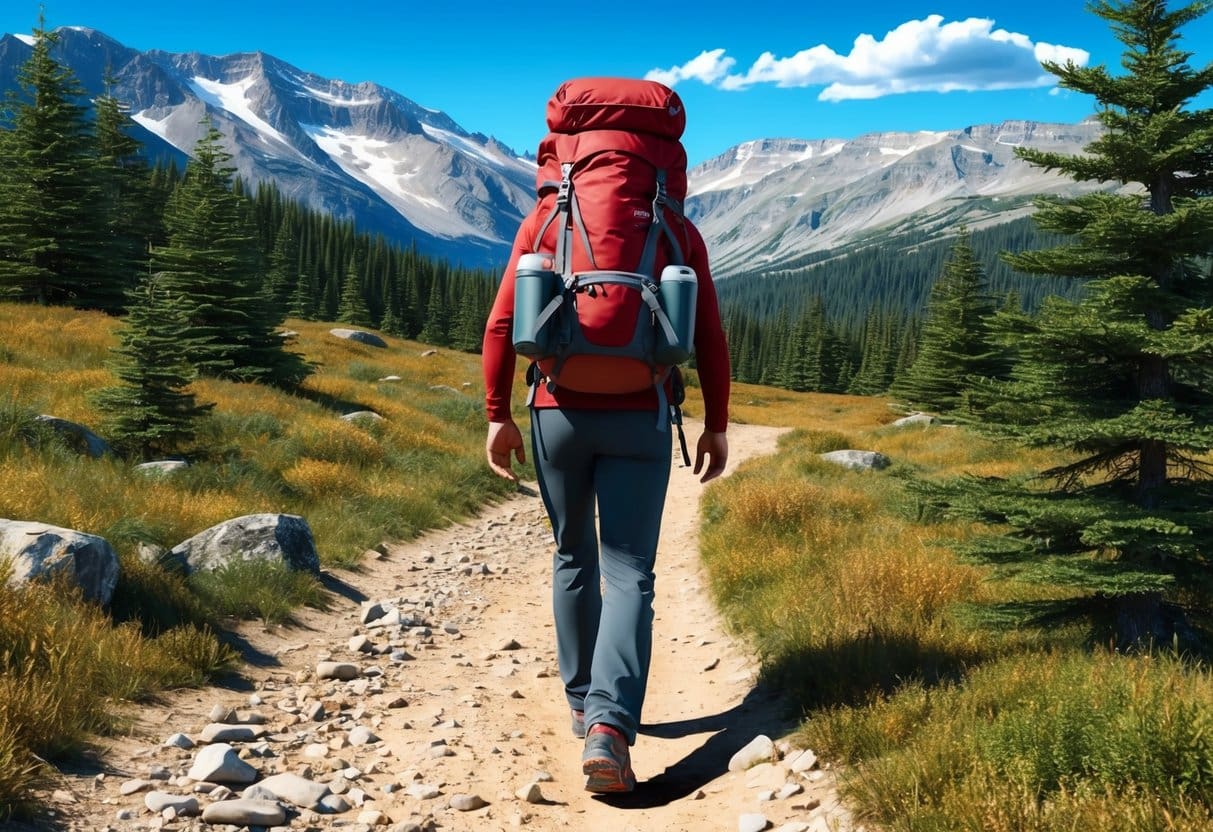 A person carrying a weighted backpack while walking on a trail