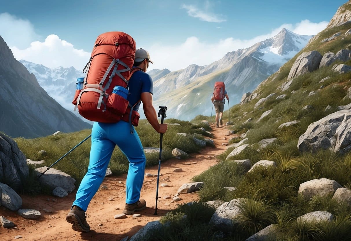 A hiker trekking through rugged terrain with a weighted backpack