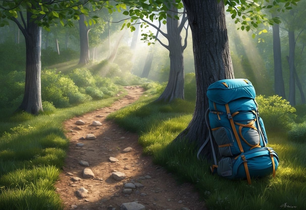 A rugged trail winds through a serene forest, with a weighted backpack resting against a tree. The sun filters through the leaves, casting dappled shadows on the ground
