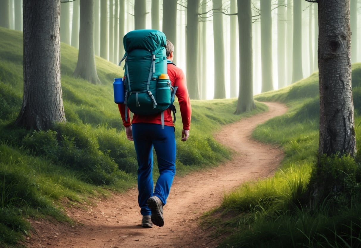 A person walking briskly with a weighted backpack on a forest trail