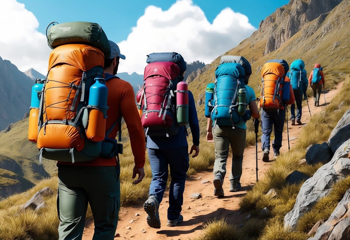 A group of people carrying heavy backpacks while hiking on a rugged trail
