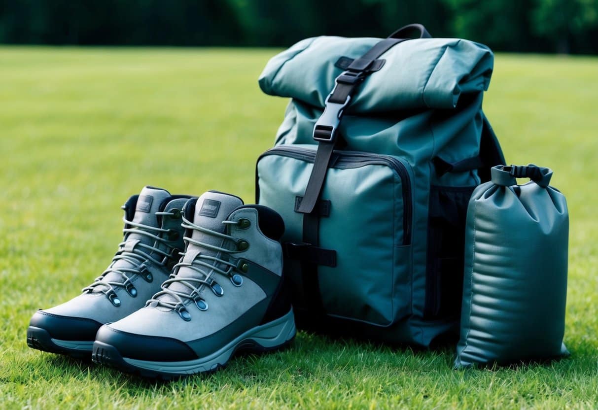 A rugged backpack, sturdy hiking boots, and a weighted sandbag are arranged on a grassy field, ready for a rucking workout