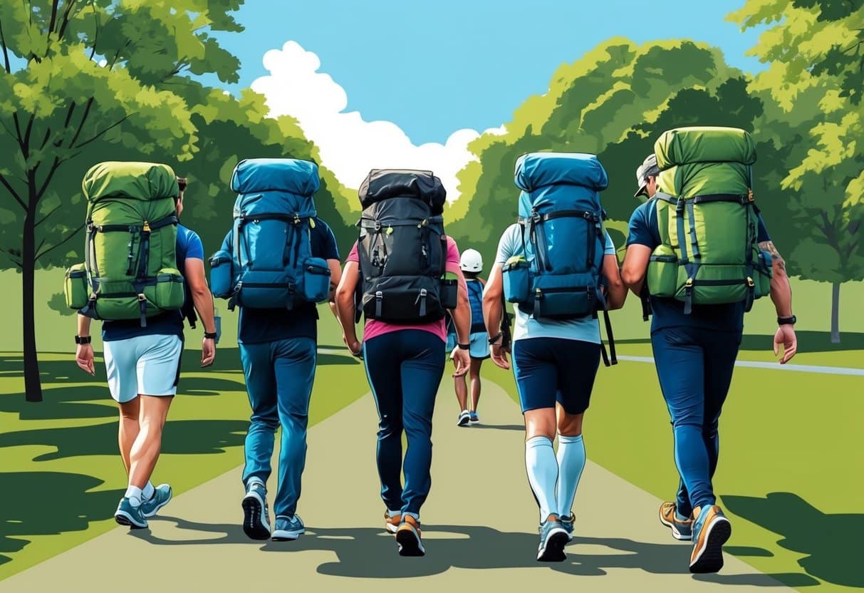 A group of people carrying weighted backpacks, walking together in a park for a rucking event