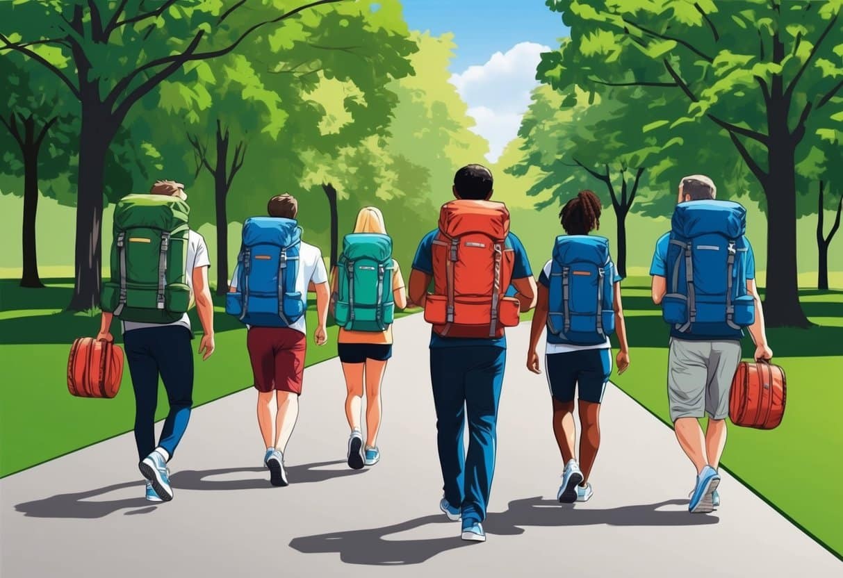 A group of people carrying weighted backpacks while walking in a park