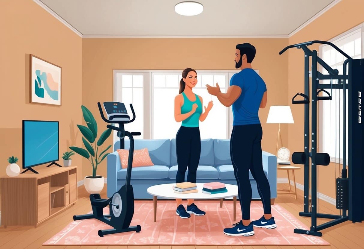 A cozy living room with exercise equipment, soft lighting, and a sense of privacy. A personal trainer guiding a client through a workout