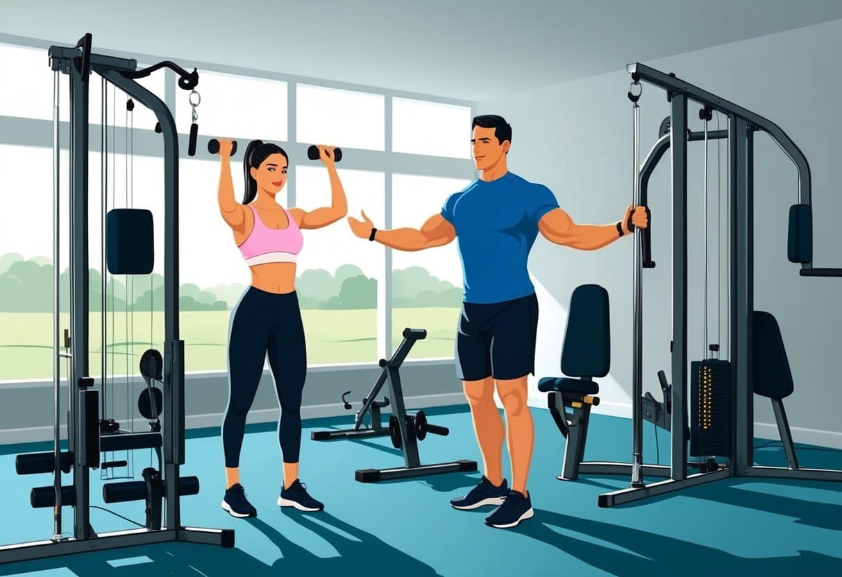 A personal trainer leads a client through a variety of exercises in a spacious, well-equipped home gym. The trainer adjusts equipment and provides personalized instruction