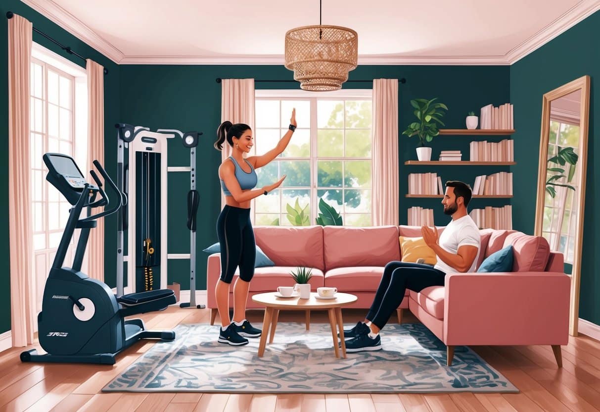 A cozy living room with exercise equipment, natural light, and a personal trainer guiding a client through a workout