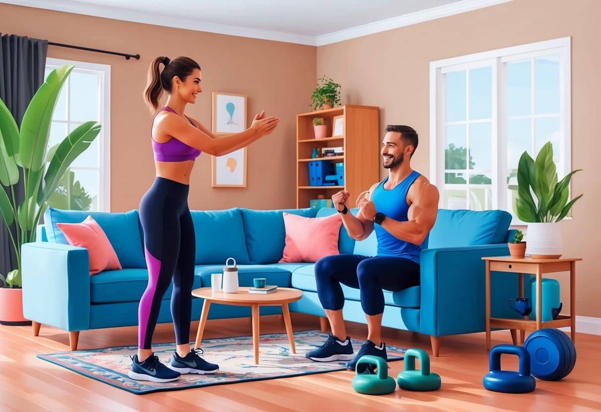 A cozy living room with a personal trainer guiding a client through exercises, surrounded by home workout equipment and safety precautions