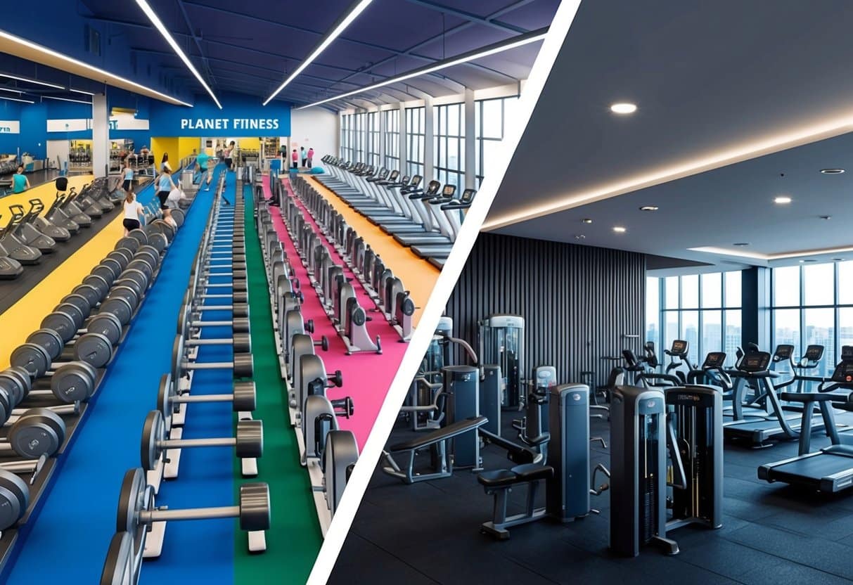 A bustling gym floor at Planet Fitness with bright colors and rows of cardio and weight machines. In contrast, a sleek and modern Equinox gym with upscale decor and high-end equipment