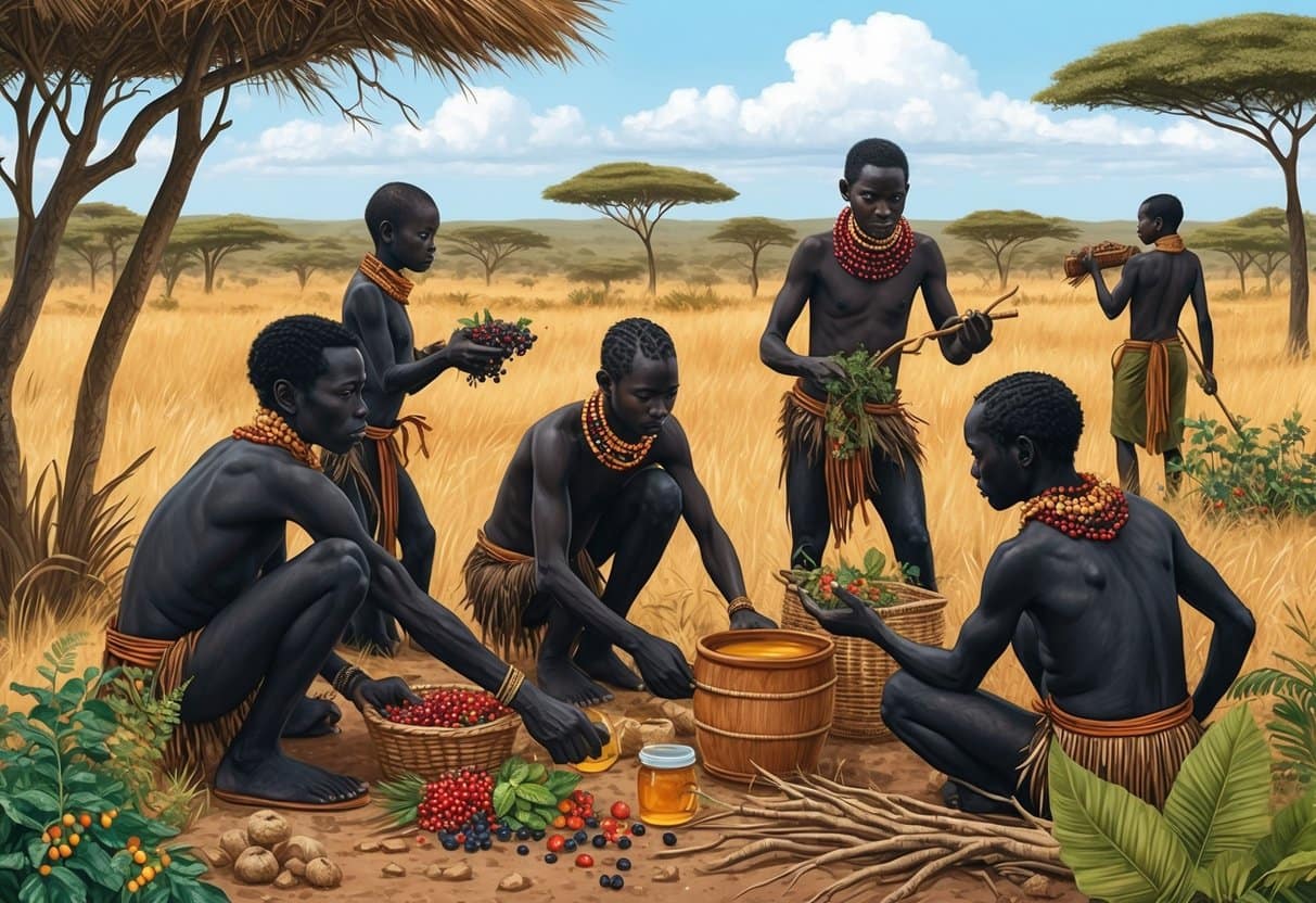A group of Hadza people foraging for wild berries, roots, and honey in the savannah of Tanzania