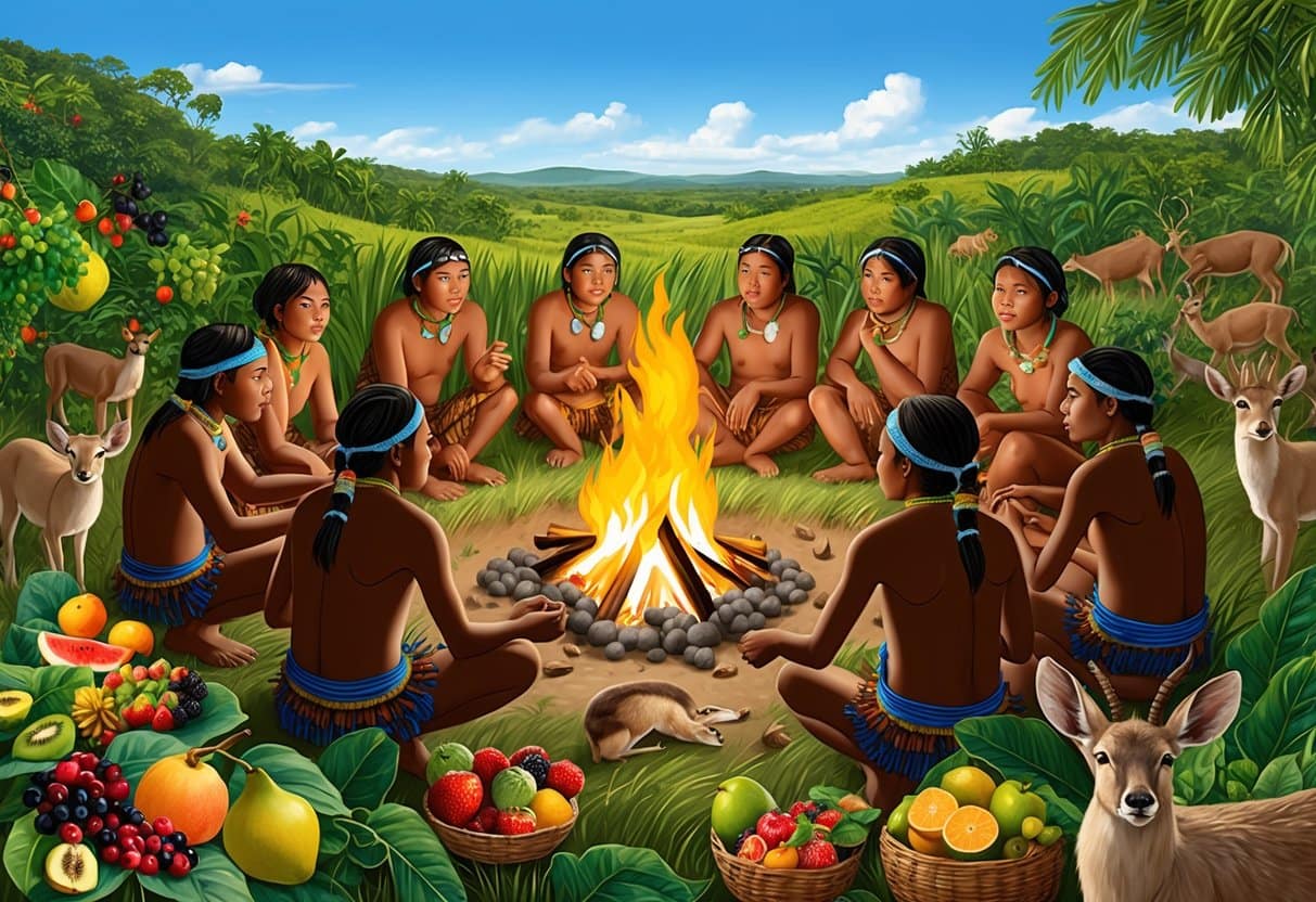 A group of Hadza people gather around a fire, surrounded by various fruits, berries, and wild game. The landscape is filled with lush greenery and a clear blue sky