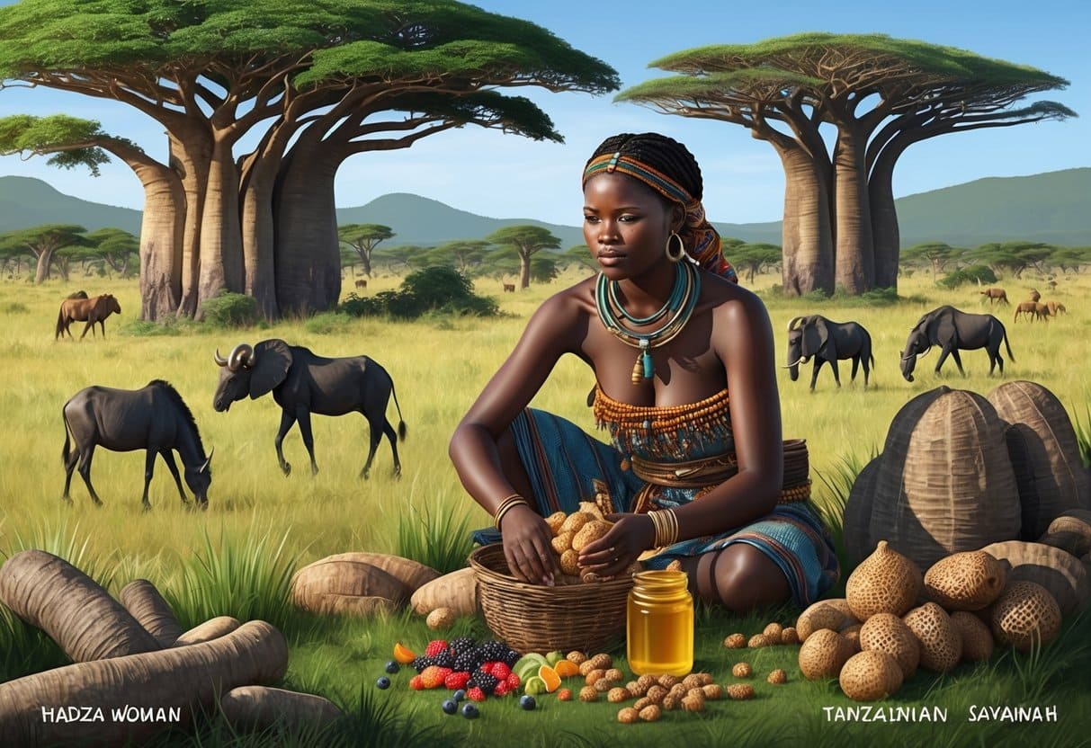 A Hadza woman gathers wild tubers, berries, and honey from the lush Tanzanian savannah, surrounded by baobab trees and grazing wildlife