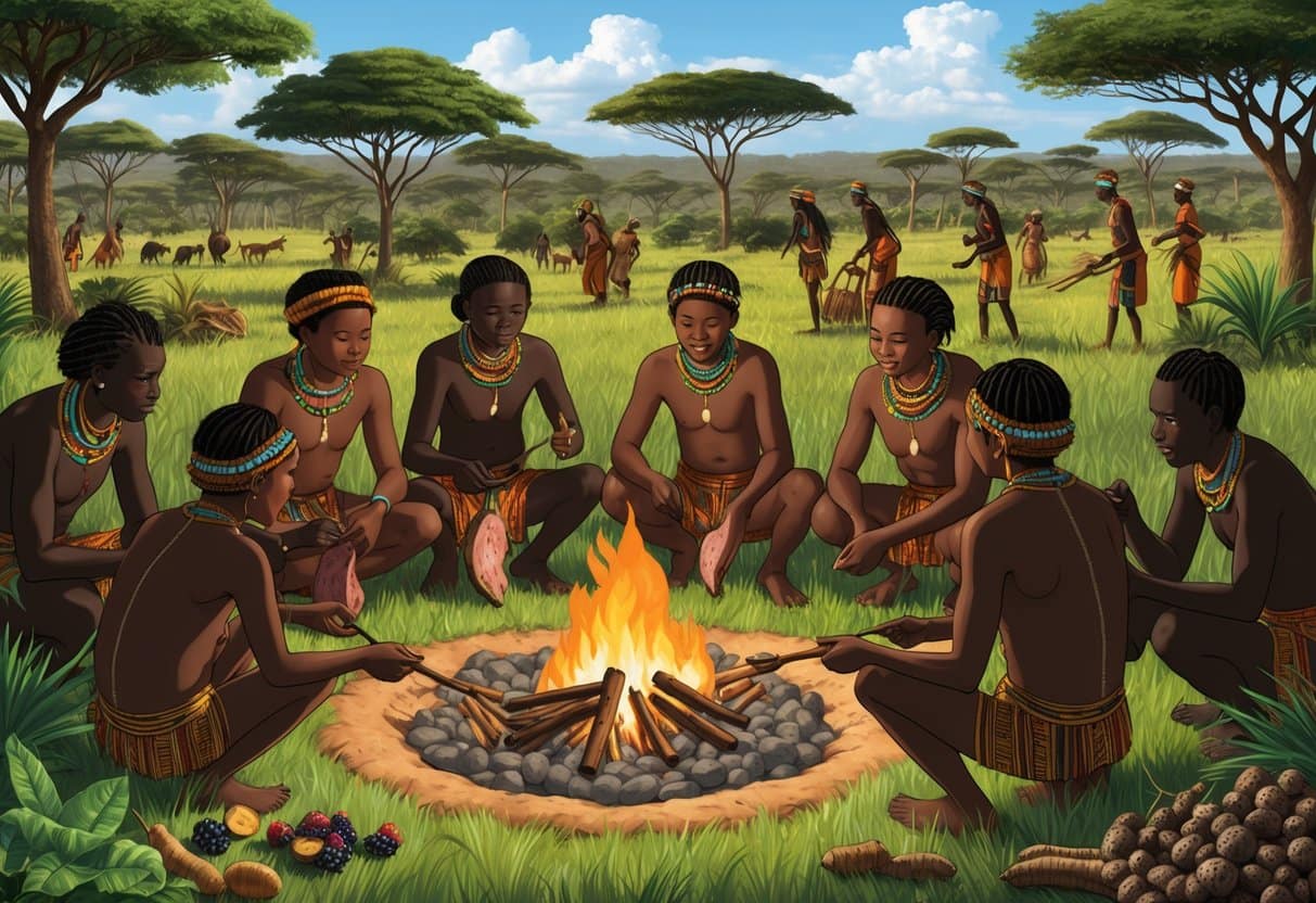 A group of Hadza people gather around a fire, roasting meat and foraging for berries and tubers in the lush Tanzanian savanna