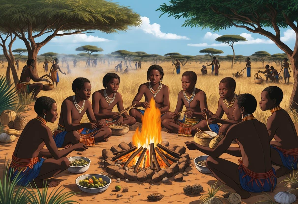 A group of Hadza people gather around a fire, surrounded by the African savanna. They are foraging for wild fruits, nuts, and tubers, and preparing a meal using traditional cooking methods