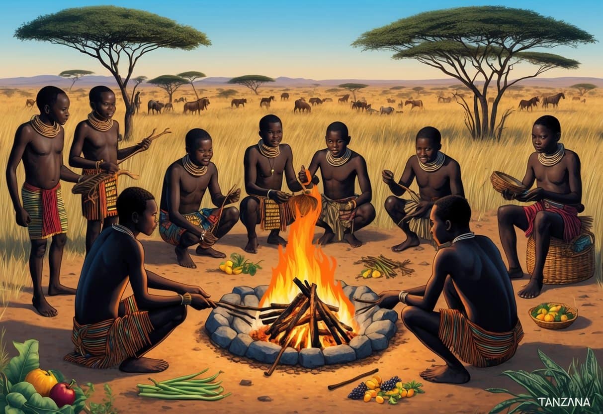 A group of Hadza people gather around a fire, roasting meat and foraging for wild fruits and vegetables in the savannah landscape of Tanzania